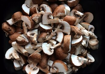 Mushrooms royal champignons cut for frying - healthy food - 495466846