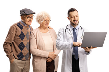 Fototapeta premium Elderly couple and a doctor looking at a laptop computer