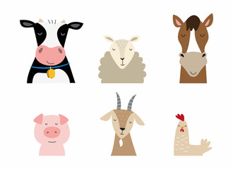 Farm animals collection: cow, sheep, horse, pig, goat and chicken. Fun vector illustrations, isolated