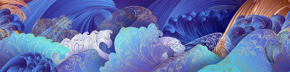Foto op Plexiglas Lijn kunst ontwerp van golven, berg, moderne handgetekende vector achtergrond, gouden inktpatroon. Minimalistische Aziatische stijl. © Gluiki