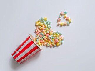 A red and white striped bucket with multicolored popcorn. Colorful popcorn heart on a white background. A snack for enjoying watching movies at the cinema or at home