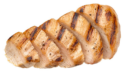 Grilled chicken breast slices isolated on white background