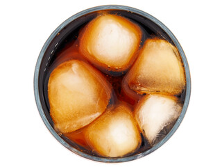 Glass of cola and ice cubes top view isolated on white background