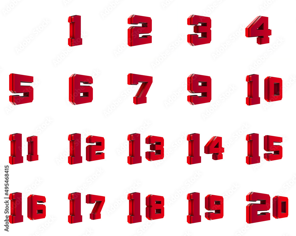 Poster set of red 3d numbers from 1 to 20. rendering.