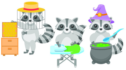 Set Abstract Collection Flat Cartoon Different Animal Raccoons Beekeeper Collects Honey, Ironing Clothes, Brewing A Potion In A Vat Vector Design Style Elements Fauna Wildlife