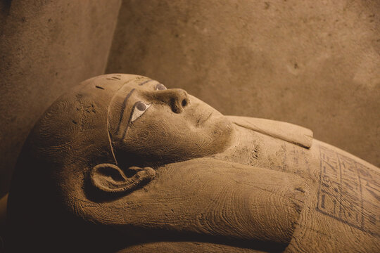 Saqqara, Egypt - November 02, 2021: Ancient Egyptian exhibits in the Imhotep Museum, located near the Saqqara necropolis complex in Lower Egypt