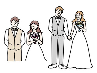 ウェディングのイラスト(結婚、結婚式、披露宴、ドレス、ブーケ、幸せ、夫婦、チャペル) a wedding illustration.Weddings, weddings, receptions, dresses, bouquets, happiness, married couples, chapels.