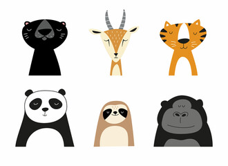Wild animal collection: panther, gazelle (or antelope), tiger, panda, sloth, gorilla. Fun vector illustrations, isolated