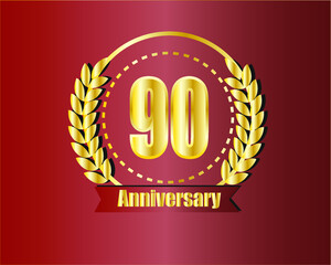 90th golden anniversary logo with ring, laurel wreath vector design.