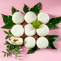 Fresh white macaroons with caramel and coconut on a pink background. Decorate with green leaves and flowers 