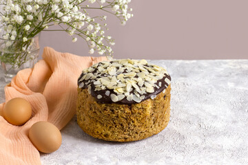 Delicate Easter cake with dark chocolate and almonds with exquisite taste.