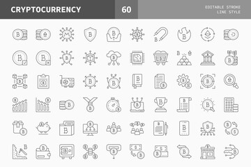 Cryptocurrency icons set, line style bitcoin, ethereum, blockchain, crypto, digital money and more