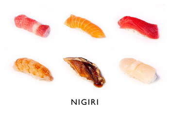 Pieces of nigiri, different ways of cooking it with different foods. traditional Japanese cuisine,