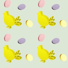 Seamless pattern with 3d illustration Easter symbol chicken and eggs