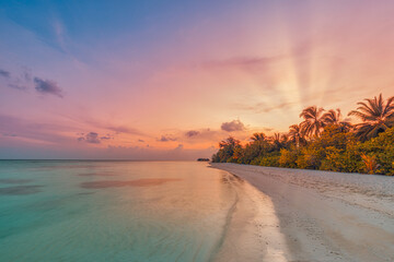 Island palm tree sea sand beach. Sunset beach landscape. Inspire tropical beach seascape horizon....