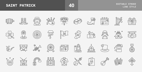 Saint Patrick icon set line style, Irish music, flags, beer mugs, clover, pub decoration, rainbow, leprechaun hat and more
