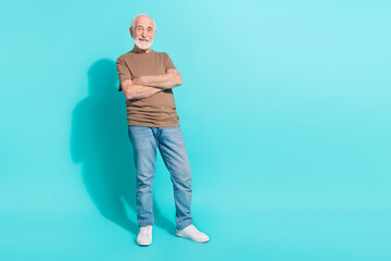 Full length body size view of attractive content grey-haired man folded arms copy space isolated...