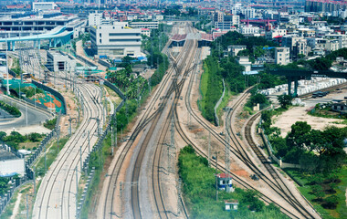 Fototapeta premium Top view on many railway track lines in a city of China