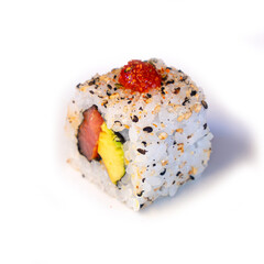 Sushi roll pieces with spicy tuna and avocado. traditional Japanese cuisine,