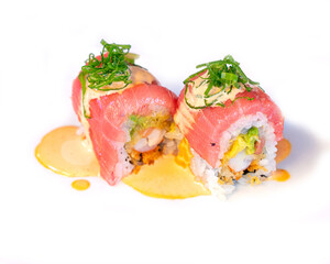 Sushi roll pieces of bluefin tuna, avocado, shrimp. traditional Japanese cuisine,