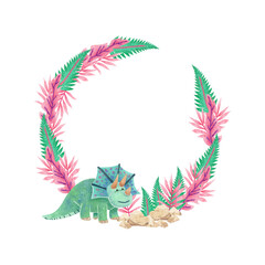 collection of watercolor round frame (cute turquoise dinosaurs) with place for text on isolated background (for designing web banners, greeting cards, printing on various objects, etc.)