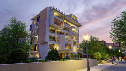 Modern new apartment block in the evening