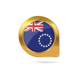 Flag of Cook Islands, location map pin, pointer flag, button with the reflection of light and shadow, gold frame, Icon country. Realistic vector illustration on white background