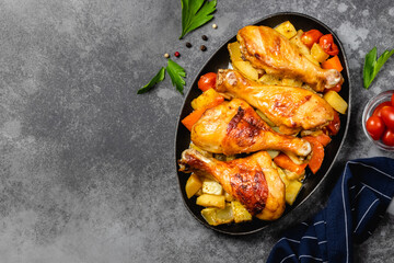 Roast chicken with root vegetables in cast iron skillet on dark background. Top view, copy space.