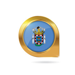 Flag of Melilla, location map pin, pointer flag, button with the reflection of light and shadow, gold frame, Icon country. Realistic vector illustration on white background