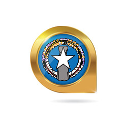 Flag of Northern Mariana Islands, location map pin, pointer flag, button with the reflection of light and shadow, gold frame, Icon country. Realistic vector illustration on white background