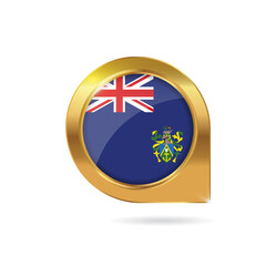 Flag of Pitcairn Islands, location map pin, pointer flag, button with the reflection of light and shadow, gold frame, Icon country. Realistic vector illustration on white background