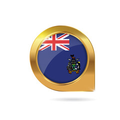 Flag of South Georgia and the South Sandwic, location map pin, pointer flag, button with the reflection of light and shadow, gold frame, Icon country. Realistic vector illustration on white background