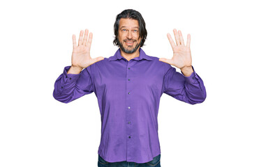 Middle age handsome man wearing business shirt showing and pointing up with fingers number ten while smiling confident and happy.