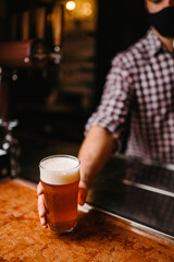 Bartender holding a glass of beer at the bar