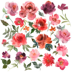 Flowers hand drawn colorful beautiful floral set with yellow pink red blossom plants for cards prints and invitation. Watercolor texture - 495479870