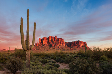 Scenic desert landscape with a Saguaro cactus at sunset in the Superstition Mountains, Arizona