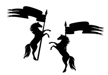rearing up horse with spear and banner - fairy tale medieval heraldry black and white vector silhouette set