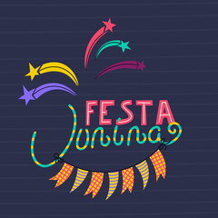 Design for postcards and posters for celebration of the festival of St. John. Text in portuguese festa junina - june party. Vector illustration.