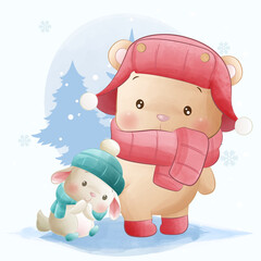 Cute animals, little bunny and teady bear playing in snow