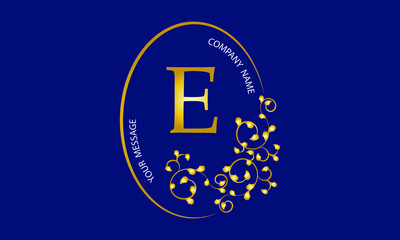 Exquisite gold monogram, logo, invitation, greeting card, business sign or any desired idea on a dark background with the letter E in the center.
