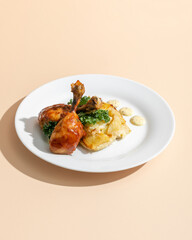 Duck legs confit with gratin on white plate on beige background