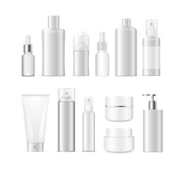 Realistic Detailed 3d White Blank Cosmetic Bottle Set. Vector