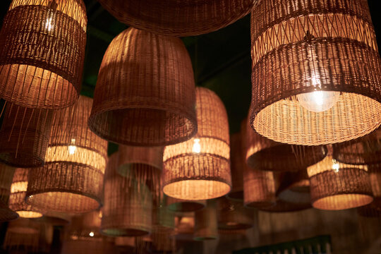 decorative lamps in the form of wicker baskets. lamp in the form of a wicker basket. cafe interior