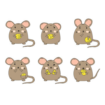 Ñollection of vector images of gray mice in cartoon style