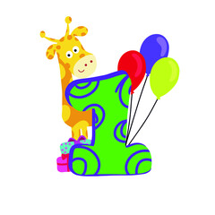 Children's Birthday greeting card. Children style font cartoon logo giraffe, gifts, balls, number 1. Colored sticker, for children's clothes, t-shirt, backpack, cap. Children's clothing store, toys 