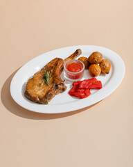 Pork loin fried with red sauce, potatoes and paprika in minimalistic style.