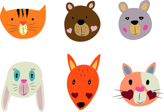 Vector image of doodle animals. Animals for children. The rotten muzzles of wild animals.