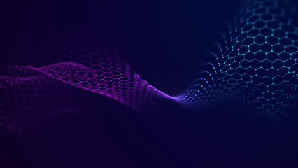 Abstract hexagon wave. Big data visualization. Futuristic background of points with a dynamic wave. Wave with moving dots and lines. Hexagon perspective background.