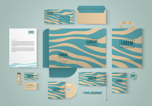 Beige stationery template design with blue wavy lines. Set of business corporate identity mock up. Documentation for business.