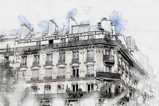 illustration fa&ccedil;on croquis au crayon de la ville de paris